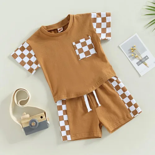 Vista 7 de Sejardin Traje de verano para bebé niño pequeño, camiseta de manga corta a cuadros y pantalones cortos, ropa para niños pequeños
