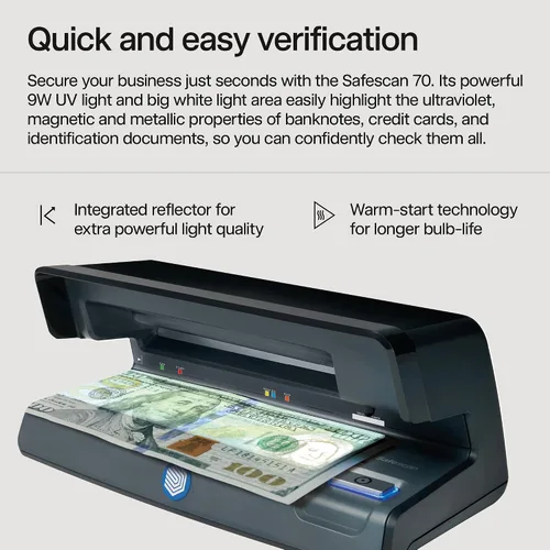 Vista 3 de Safescan Detector de billetes falsificados de 70 UV, tamaño pequeño, ligero, ideal para facturas, identificación, tarjetas de crédito, se adapta a