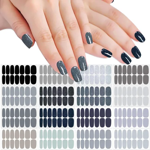 Vista 8 de 16 hojas de envolturas de uñas negras adhesivas en tiras de esmalte de uñas, tiras de gel autoadhesivas, calcomanías de esmalte de uñas sólidas