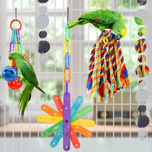 Vista 6 de QUOZUO Juguetes para pájaros pequeños, accesorios de jaula de periquitos, juguetes de periquitos, juguete masticable colgante de pie, juguetes