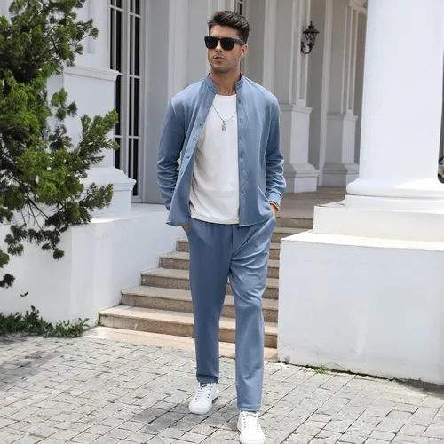 Vista 3 de FZNHQL Conjunto de 2 piezas para hombre, de moda, informal, de manga larga, con botones, camisa y pantalón para hombre