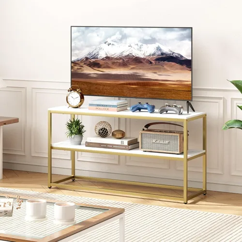 Vista 2 de Function Home Soporte de TV para televisores de hasta 50 pulgadas, centro de entretenimiento de 2 niveles, mueble de TV moderno con parte superior