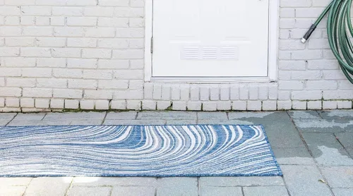 Vista 3 de Unique Loom colección moderna para exteriores - Alfombra de área para piscina (2 pies x 6 pies 1 pulgada alfombra de pasillo, color azul/marfil)