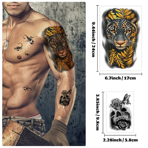 Vista 3 de 36 hojas de tatuajes temporales para hombres, mujeres y adultos, 12 hojas de gran tamaño, 3D, media manga, tatuajes falsos negros, tatuajes