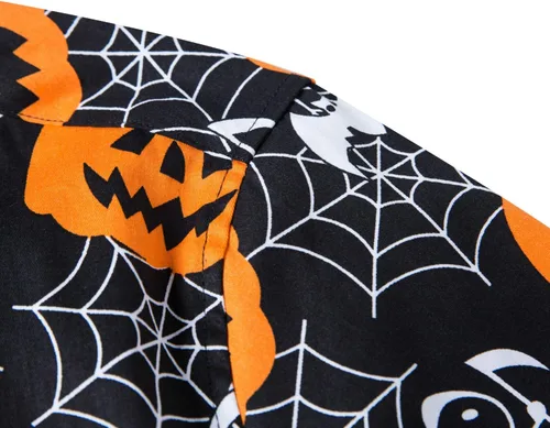 Vista 4 de fohemr Camisa divertida de Halloween para hombre, diseño de calabaza fea, manga larga, casual, con botones, disfraz de adulto para fiesta