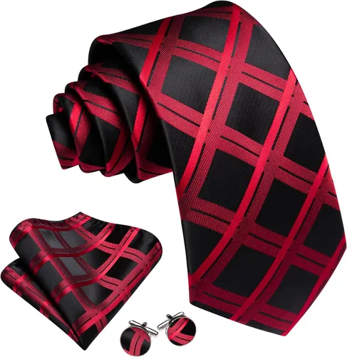 Vista 67 de Barry.Wang Juego de corbatas a cuadros para hombre con pañuelo gemelos de rayas clásicas