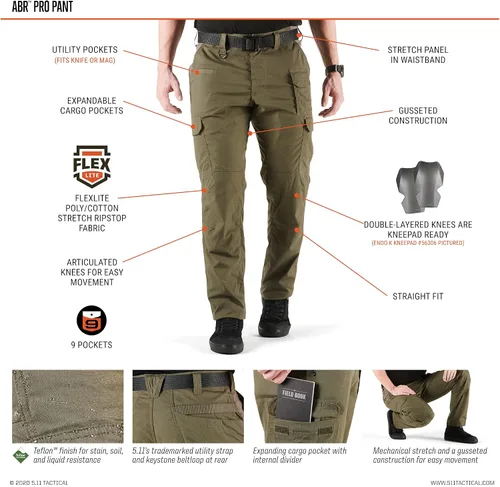 Vista 6 de 5.11 Pantalón táctico ABR Pro para hombre, FlexLite elástico Ripstop, resistente a las manchas