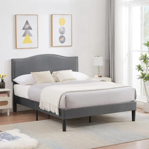 Vista 12 de VECELO Base de cama tamaño Queen, base de cama de plataforma con cabecera tapizada de altura ajustable, marcos resistentes y fuerte soporte