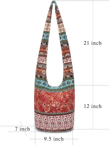 Vista 12 de Bolsa de hombro para mujer, de lona en estilo hippie/bohemio para llevar cruzada al hombro, disponible en diferentes colores y estampados