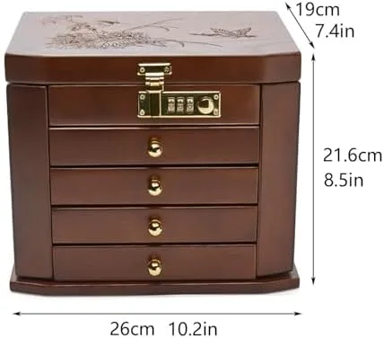 Vista 2 de Solid Wood Jewelry Box with Lock - Large Capacity Multifunctional Storage Display Box for Wedding & Birthday, Retro Design, Lid Included