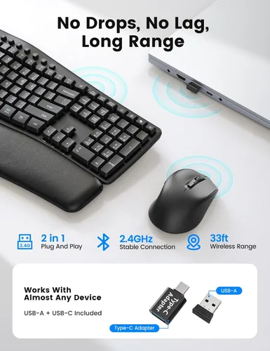 Vista 5 de SABLUTE Combo de teclado y mouse inalámbricos, onda ergonómica, silenciosa Negro