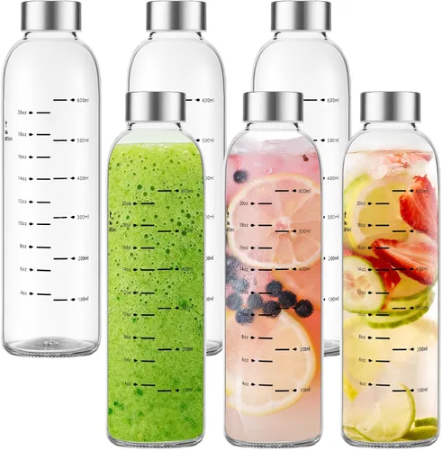 Vista 11 de Botellas de agua de vidrio Olivego con tapas 17 oz, botellas de jugo transparentes con tapa de acero inoxidable, botella de vidrio reutilizable