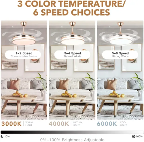 Vista 4 de STERREN Ventilador de techo retráctil dorado con luces, ventilador de techo LED moderno de perfil bajo sin aspas de 42 pulgadas para dormitorio