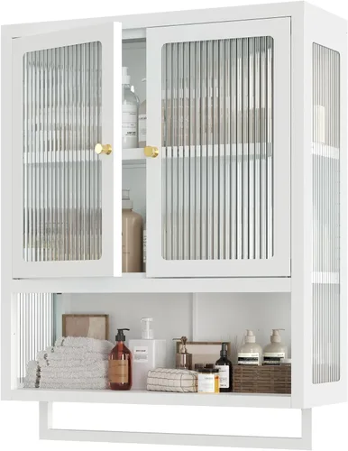 Vista 10 de Armario de pared de baño con 2 puertas de vidrio, botiquín de baño con barra de toallas y estantes, gabinete de almacenamiento sobre el inodoro