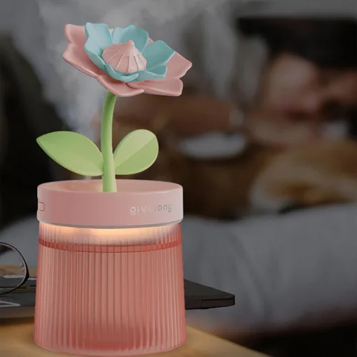 Vista 2 de Humidificador de niebla fría de 8.8 fl oz con linda flor, humidificador USB con luz, difusor de aceite esencial, difusor de aceite de aromaterapia
