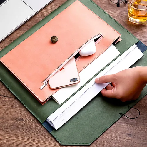 Vista 3 de Carpeta de archivos A4 de cuero de la PU Portafolio de la carpeta del sobre con 2 compartimentos marrón y naranja partido