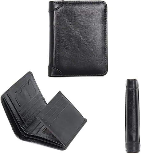 Vista 2 de Bolso corto de cuero genuino para hombre con monedero triple de bloqueo RFID cartera de árbol vikingo de la vida deseando árbol color negro
