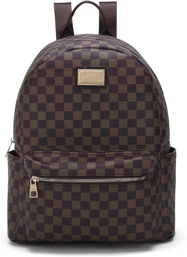 Vista 2 de FR Fashion Co. Mochila de cuero a cuadros para mujer, duradera, alta capacidad, Blanco