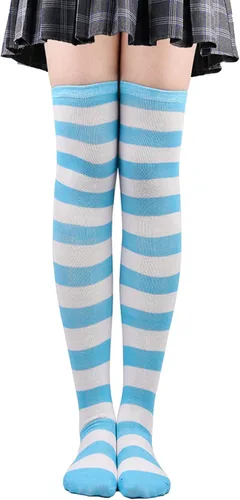 Vista 4 de Bestjybt Calcetines altos hasta el muslo para mujer, calcetines por encima de la rodilla, calentadores de piernas para disfraz
