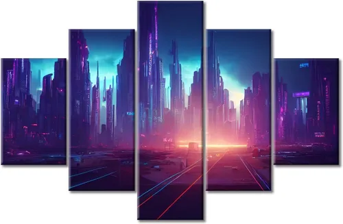 Vista 117 de Cuadros de 5 paneles de Cyberpunk City, arte de pared, representación de vallas publicitarias, edificios modernos en la capital con obras de arte