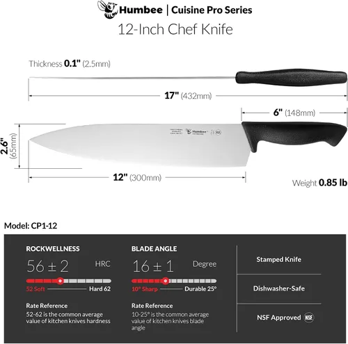 Vista 5 de Cuisine Pro Cuchillo de chef de 12 pulgadas - Hoja de espiga completa de acero inoxidable para uso profesional y personal - Mango ergonómico, agarre