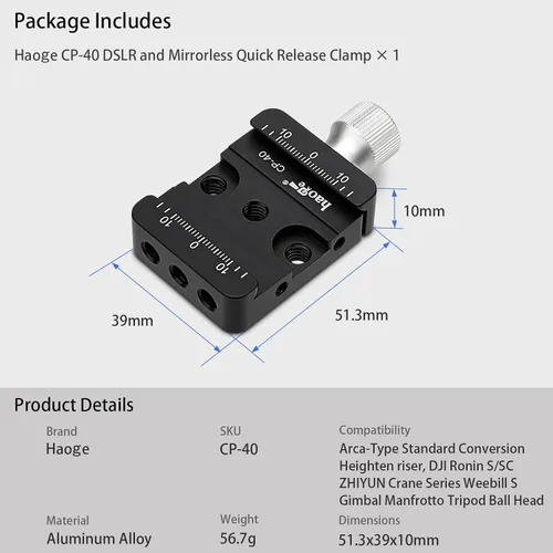 Vista 6 de Haoge CP-40 DSLR y abrazadera de liberación rápida sin espejo para conversión estándar tipo Arca Elevar Elevar Elevar Compatible con DJI Ronin S/SC
