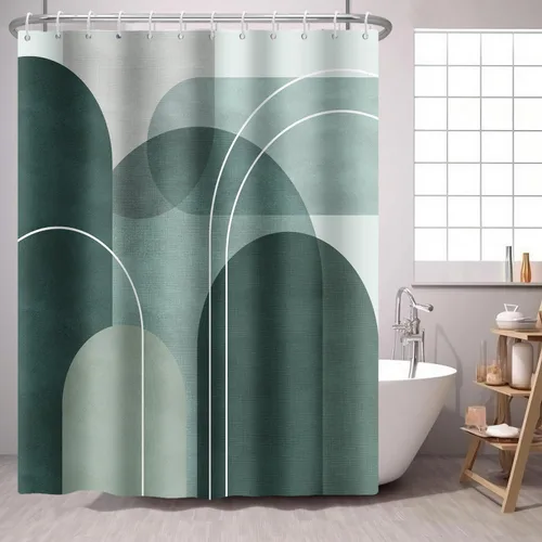 Vista 13 de Cortina de ducha azul marino con círculos geométricos abstractos y modernos, estilo contemporáneo, cortinas de ducha de tela impermeable gris
