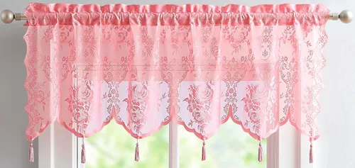 Vista 13 de LinenZone Cenefa de encaje transparente con 6 borlas y parte inferior festoneada para cocina, baño, comedor, sala de estar, dormitorio o sótano.