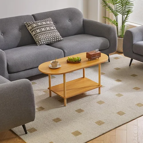 Vista 6 de Aibiju Mesa de té de madera pequeña, mesa de centro de 2 niveles para sala de estar, 35 x 16 x 17 pulgadas, soporte de mesa de té con estante