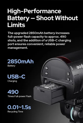 Vista 3 de Godox AD100 Pro II AD100Pro II AD100ProII Flash Strobe, 2.4GHz X System+433Mhz Module/2850mAh Batería/2W LED/10 niveles de brillo/490 Pops