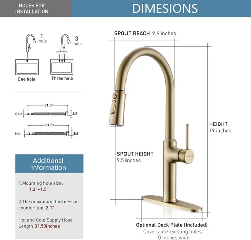 Vista 8 de Grifos para fregadero de cocina, oro cepillado, grifo de cocina de arco alto con rociador extraíble, grifos de cocina altos de latón macizo de 19