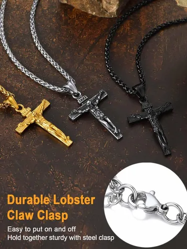 Vista 6 de U7 Colgante de cruz de crucifijo para hombre con cadena de bautismo, joyería cristiana, acero inoxidable, oro de 18 quilates, collar antiguo
