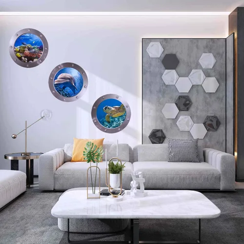 Vista 4 de Calcomanías adhesivas redondas 3D para ventana de ojo de buey de 11 pulgadas, tema oceánico (tortuga marina, tiburón, delfín), calcomanías vinuales