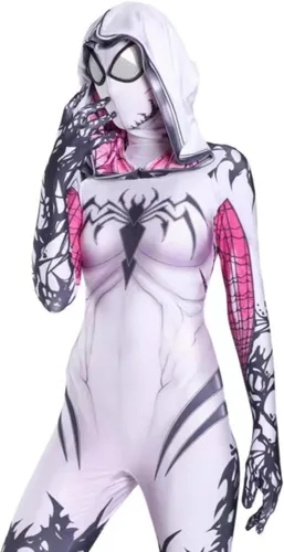 Vista 3 de LG LOUIS GARDEN Disfraz de araña para niños, estilo 3D, traje de araña blanca, overol con máscara para fiesta de Halloween, cosplay, traje para niñas