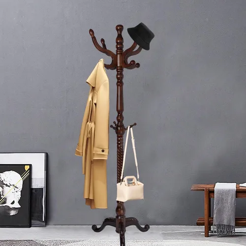 Vista 10 de Percheros de pie con 14 ganchos, perchero de madera natural con base redonda sólida, percheros de altura ajustable, fácil montaje para pasillo