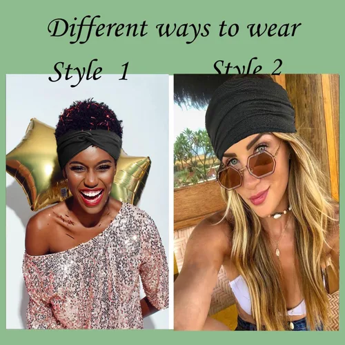 Vista 6 de Hexchasty 2 diademas tipo turbante para mujer, gruesas, a la moda, bohemias, elásticas, bonitas, extra anchas, grandes, de tela anudada, de tela