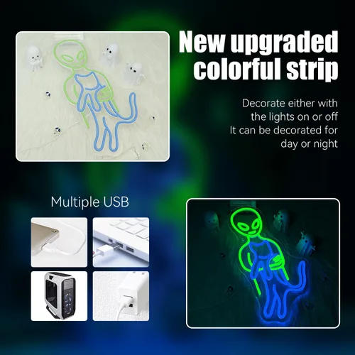 Vista 7 de Ineonlife Letreros de neón de alienígena verde, divertidos letreros de neón de gato alienígena para cueva de hombres, luz LED, decoración de arte