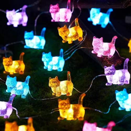 Vista 4 de Cadena de luces de gatos Kawaii Deco Kitty Fairy Luces decorativas de 10 pies 30LED, alimentadas por batería, iluminación novedosa para exteriores