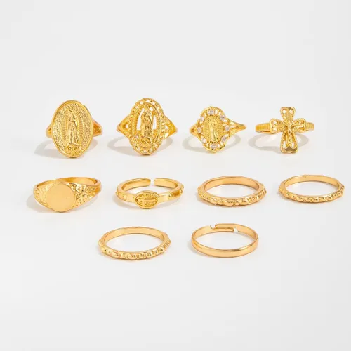 Vista 7 de Juego de anillos dorados de cruz de Virgen María para mujer, 10 piezas vintage gruesos apilables, anillos cruzados para nudillos, accesorios retro
