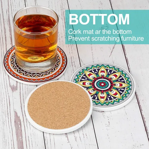 Vista 6 de Juego de 8 posavasos absorbentes de piedra para mesa de madera, mandala de cerámica con base de corcho, regalo para inauguración de la casa