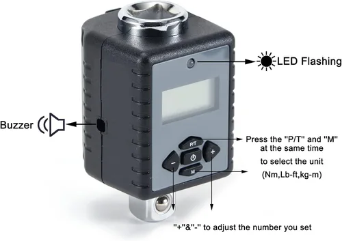 Vista 9 de ThreeH Adaptador de par digital de 1/4 de pulgada (0.22-22.1ft-lb/0.3-30Nm) con zumbador y flash LED, convertidor de llave dinamométrica digital