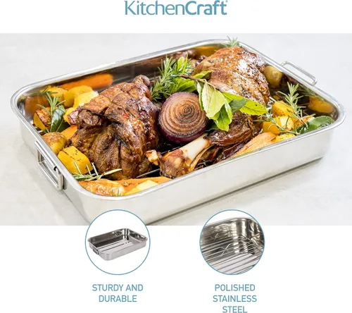 Vista 5 de KitchenCraft Recipiente para asar con estante, acero inoxidable, grande, 16.9 x 12.2 in, color plateado