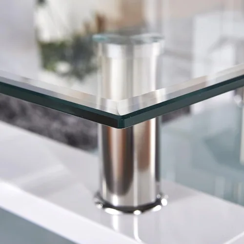 Vista 6 de Mesa de centro rectangular de cristal, mesa de centro lateral moderna blanca con estante inferior patas de metal, traje para sala de estar