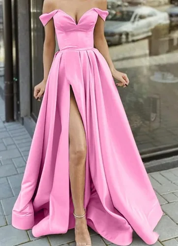 Vista 5 de DFDG Vestido largo de fiesta con hombros descubiertos vestido de fiesta fruncido de satén con abertura formal con bolsillos CM033