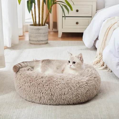 Vista 2 de Cama calmante para perros y gatos, cama antiansiedad, de felpa, con forma de dona, redonda, acolchada, de piel sintética, suave y esponjosa