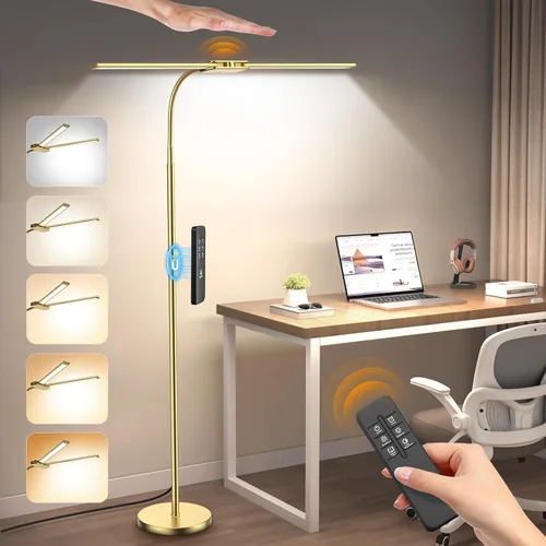 Vista 11 de Syrinx Lámpara de Pie LED, Lámparas de Pie de Doble Cabezal con Cuello de Ganso para Sala de Estar con Interruptor de Gestos y Control Remoto