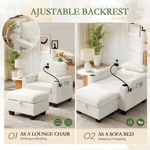 Vista 5 de Chaise Lounge Chair para interiores con puerto USB y soporte para teléfono, sillón reclinable pequeño de felpilla con otomana de almacenamiento
