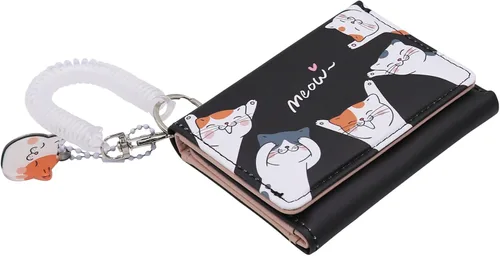 Vista 2 de Eilova Orityle Bonita cartera de gato para niñas y adolescentes, niños y mujeres, delgada de tres pliegues, tarjetero organizador con colgante