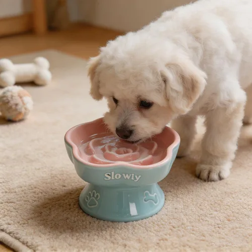 Vista 6 de Ceramic Dog and Cats Slow Feeder Treats Bowl with Raised Design for Small Pet Helps Choking and Improves Digestion Pet Slow Feeder Bowl caramel