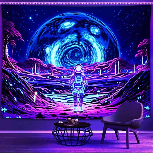 Vista 6 de Tapiz de luz negra de astronauta para hombres, póster de alienígena con luz negra para adolescentes y niños, divertido tapiz de pared de galaxia